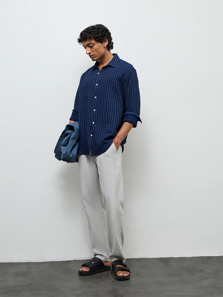 ETA Navy Striped Relaxed-Fit Cotton Shirt