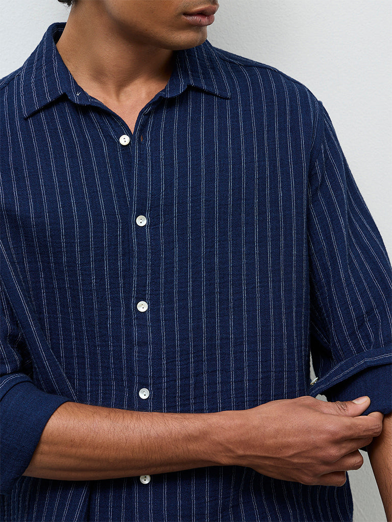 ETA Navy Striped Relaxed-Fit Cotton Shirt