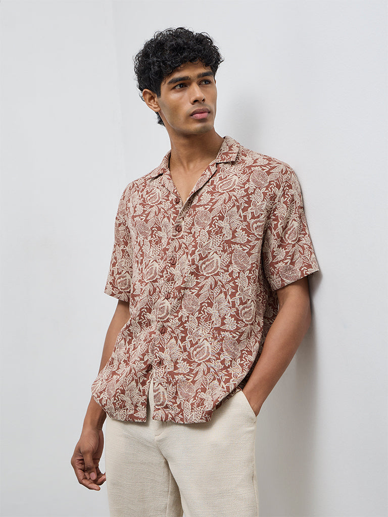 ETA Brown Botanical Printed Relaxed-Fit Cotton Shirt