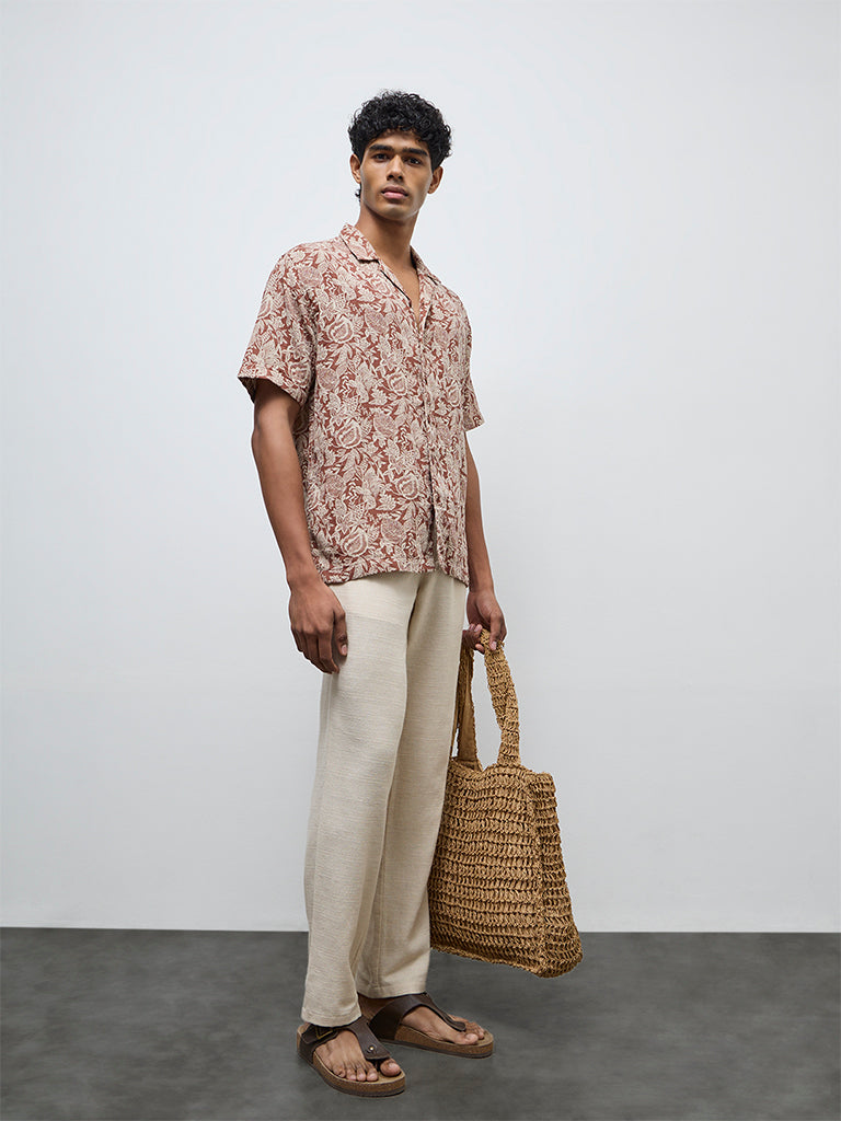 ETA Brown Botanical Printed Relaxed-Fit Cotton Shirt