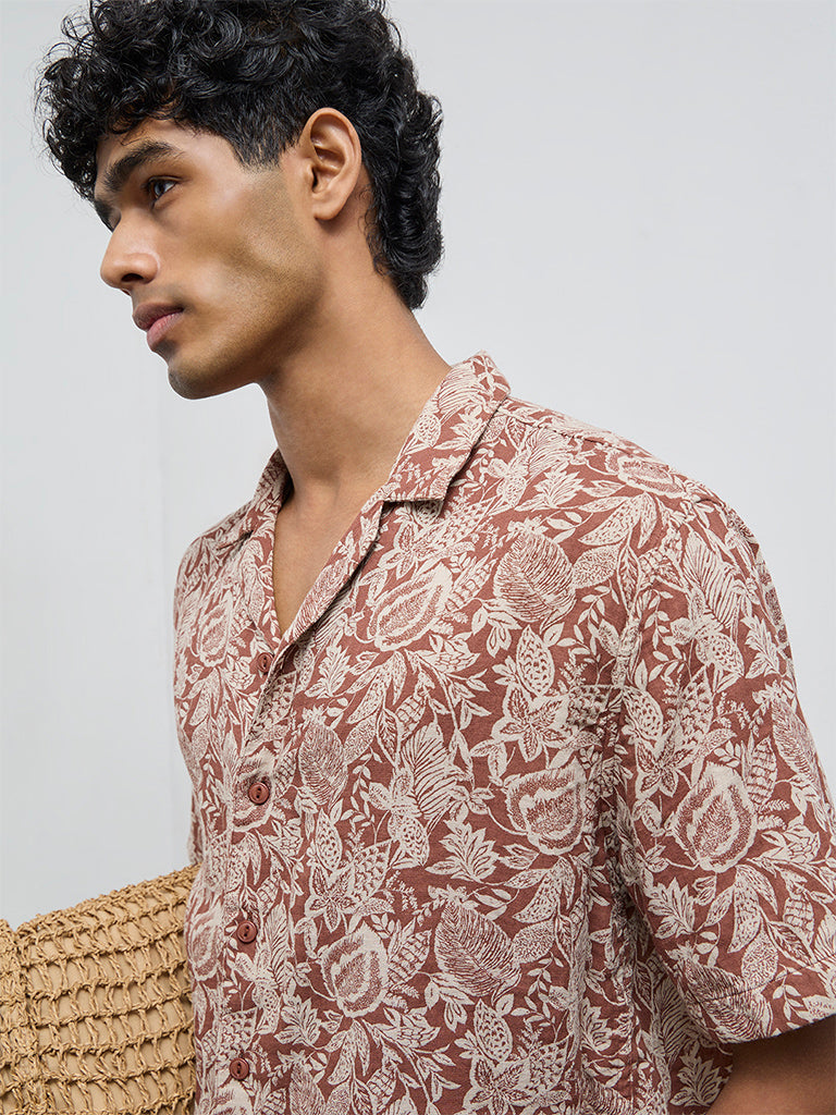 ETA Brown Botanical Printed Relaxed-Fit Cotton Shirt