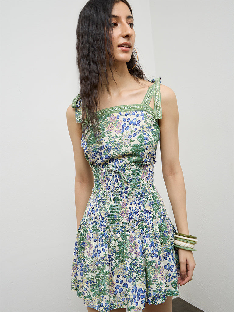 Bombay Paisley Green Floral Cotton-Blend A-Line Dress