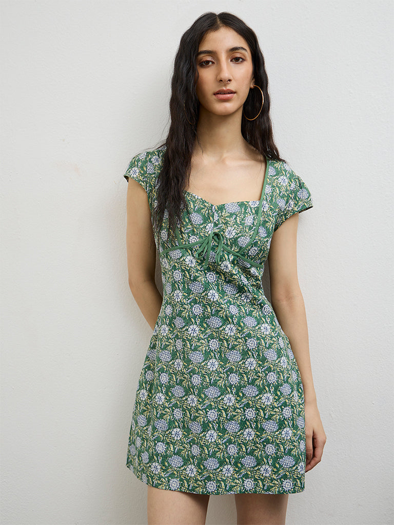 Bombay Paisley Green Floral Pattern Cotton A-Line Dress