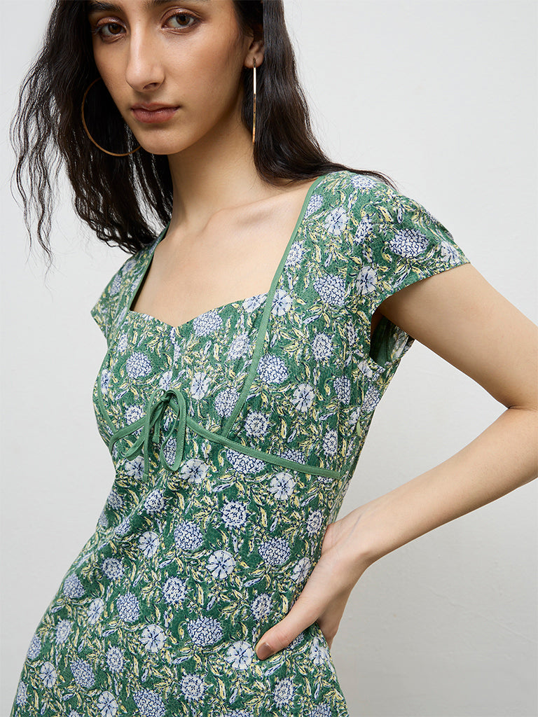 Bombay Paisley Green Floral Pattern Cotton A-Line Dress