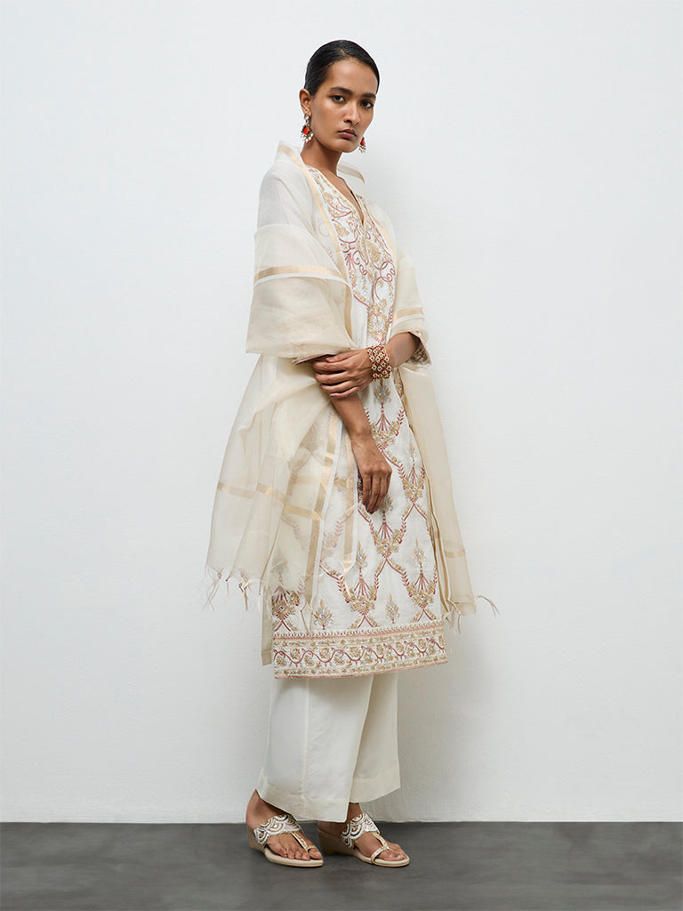 Vark Ivory Floral Embroidered Cotton-Blend A-Line Ethnic Set