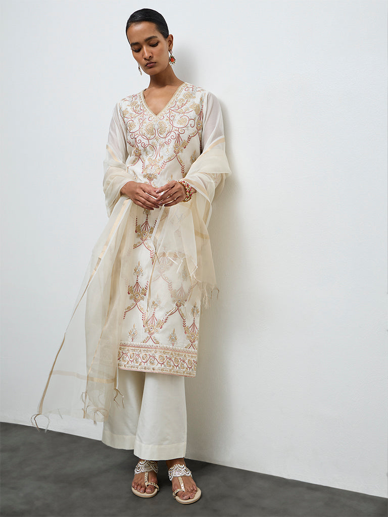 Vark Ivory Floral Embroidered Cotton-Blend A-Line Ethnic Set