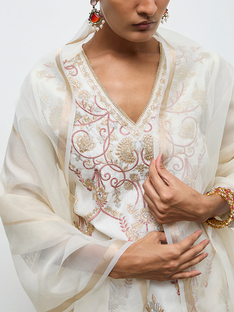 Vark Ivory Floral Embroidered Cotton-Blend A-Line Ethnic Set