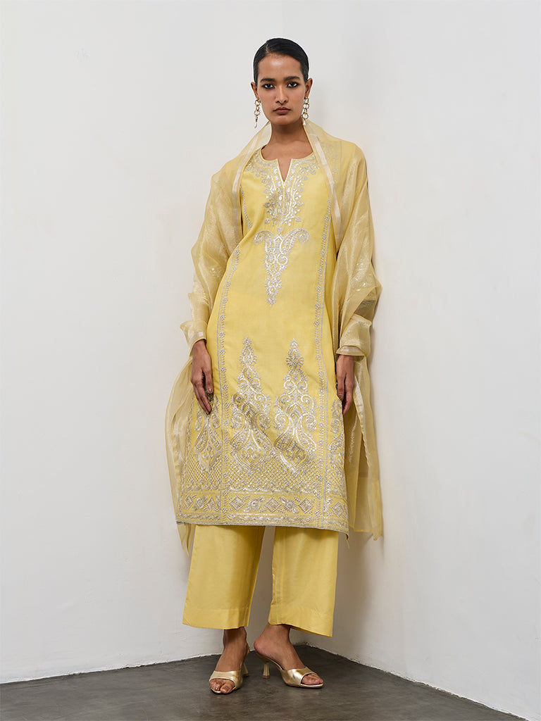Vark Yellow Embroidered Cotton-Blend A-Line Ethnic Set