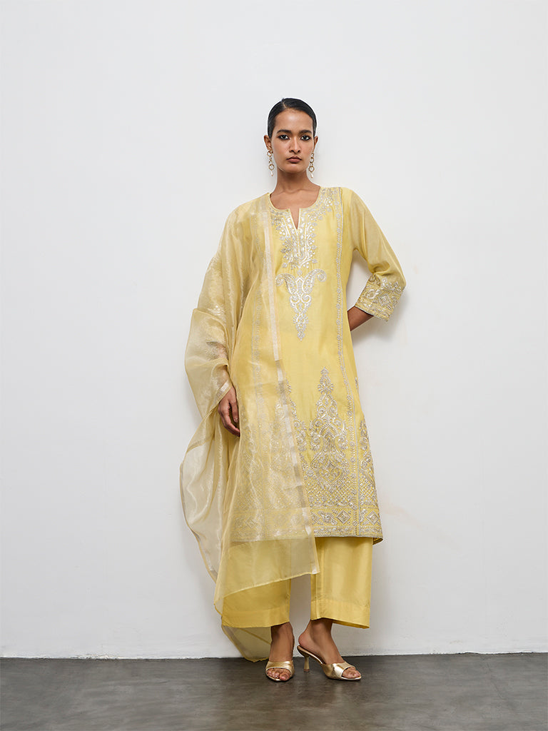 Vark Yellow Embroidered Cotton-Blend A-Line Ethnic Set