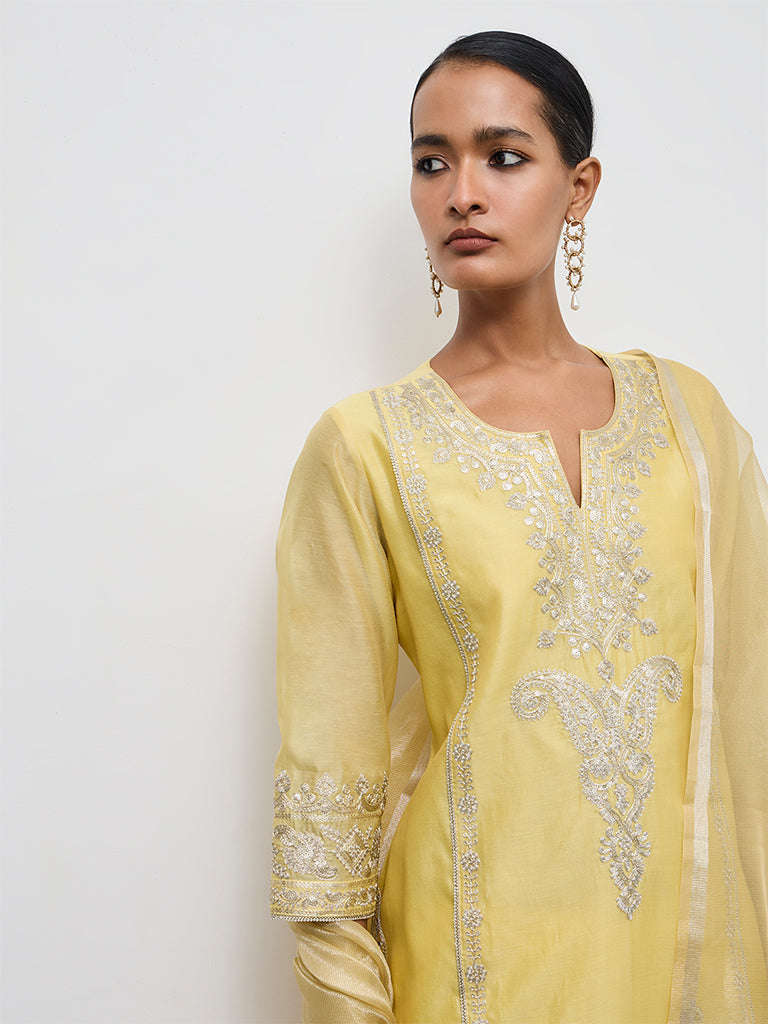 Vark Yellow Embroidered Cotton-Blend A-Line Ethnic Set