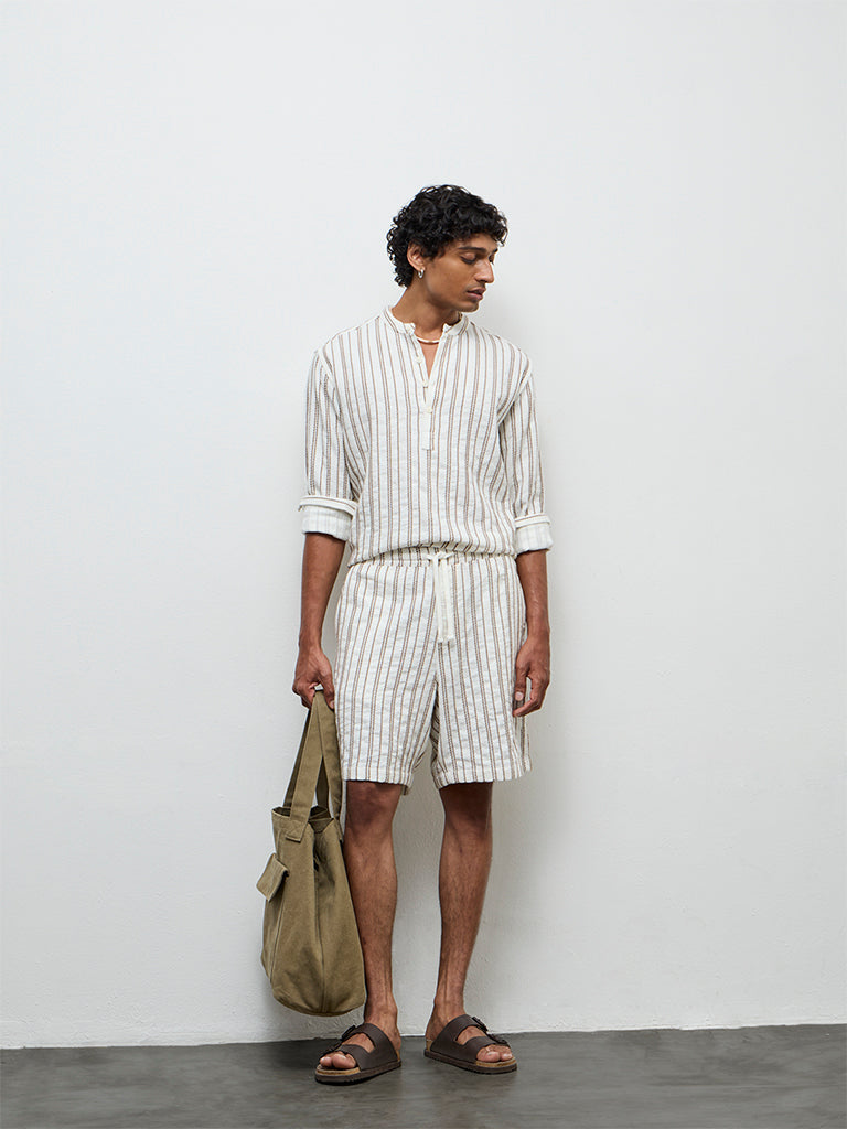 ETA White Striped Relaxed-Fit Mid-Rise Cotton Shorts