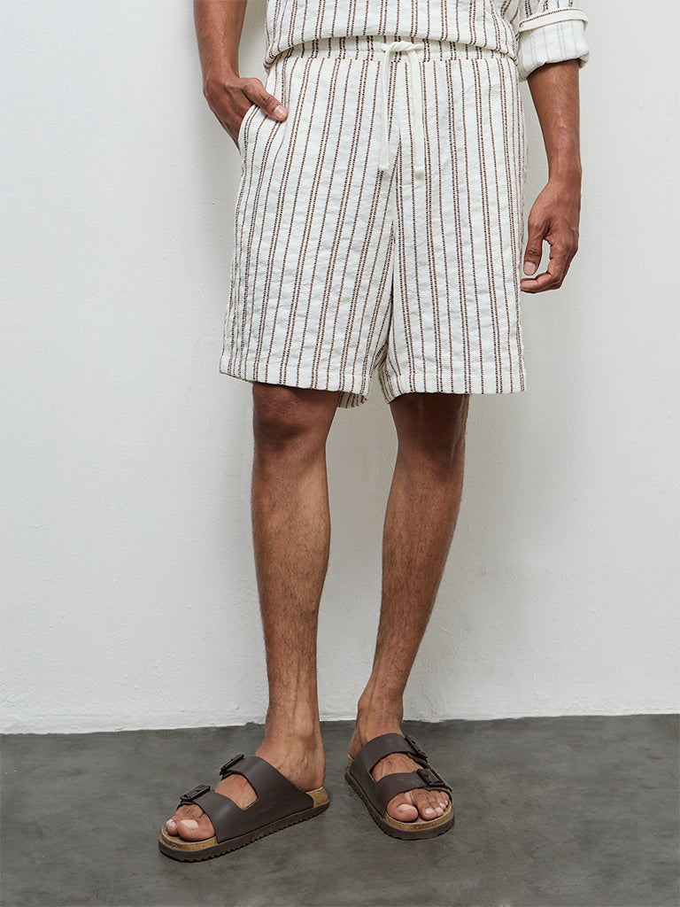ETA White Striped Relaxed-Fit Mid-Rise Cotton Shorts