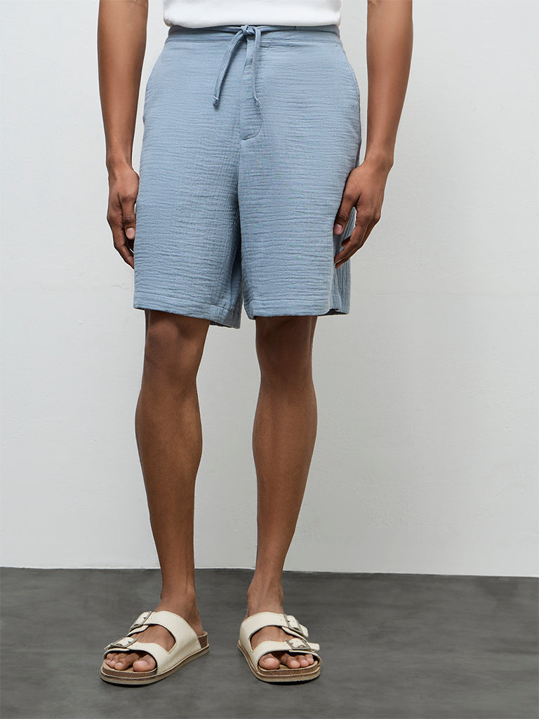 ETA Light Blue Relaxed-Fit Mid-Rise Cotton Shorts