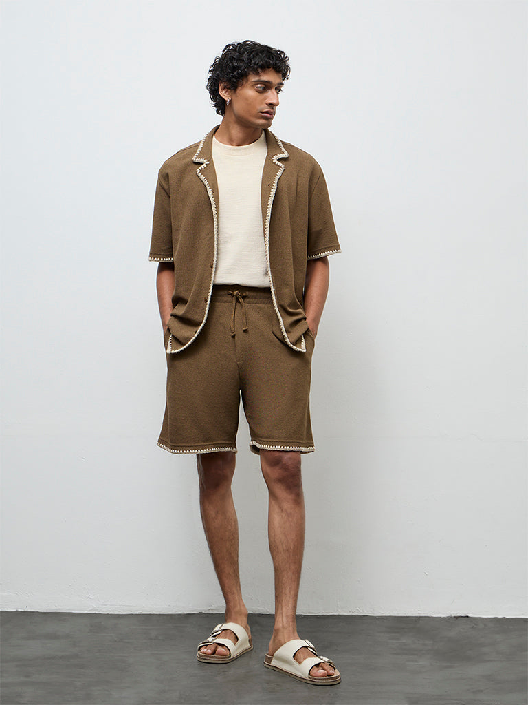 ETA Brown Embroidered Relaxed-Fit Mid-Rise Cotton-Blend Shorts