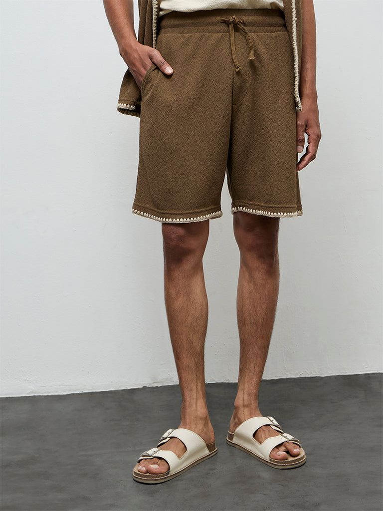 ETA Brown Embroidered Relaxed-Fit Mid-Rise Cotton-Blend Shorts