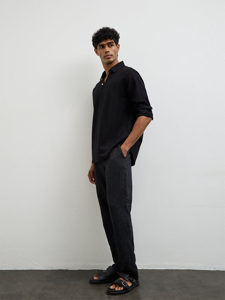 ETA Black Self-Striped Relaxed-Fit Cotton-Blend Shirt