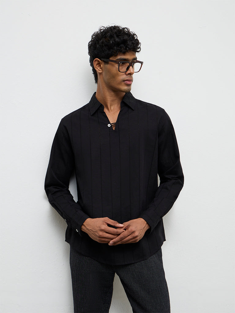 ETA Black Self-Striped Relaxed-Fit Cotton-Blend Shirt