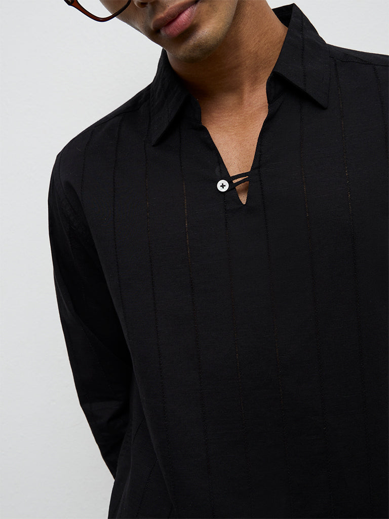 ETA Black Self-Striped Relaxed-Fit Cotton-Blend Shirt