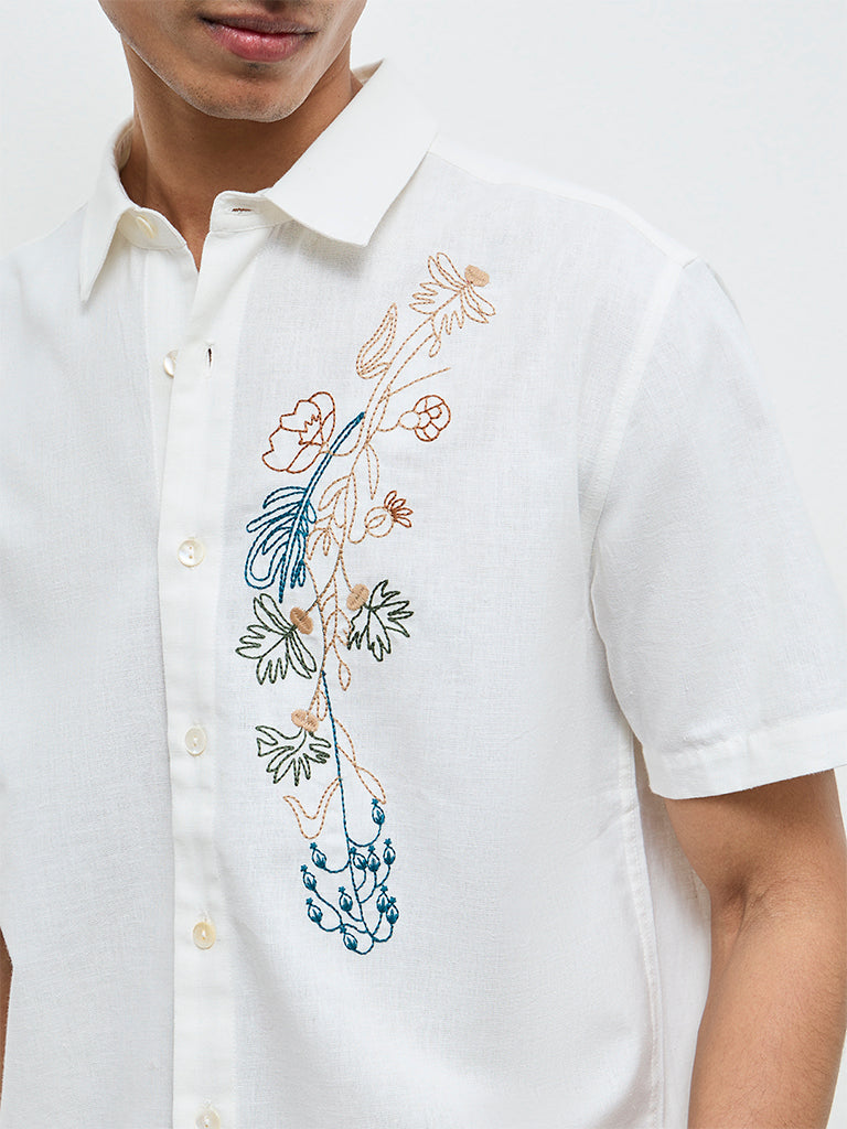 ETA White Floral Embroidered Relaxed-Fit Cotton Shirt