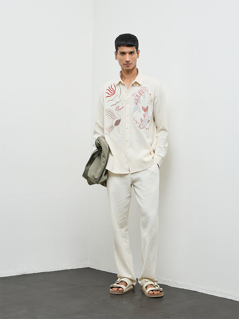 ETA Off-White Embroidered Relaxed-Fit Cotton Shirt