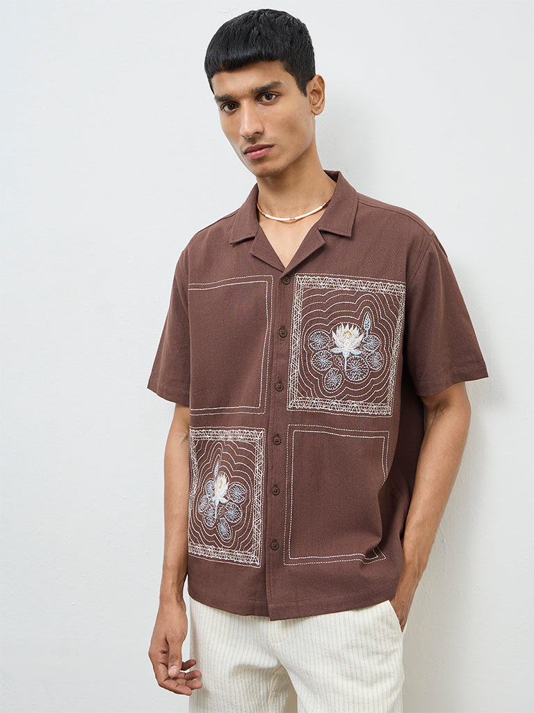 ETA Brown Embroidered Relaxed-Fit Cotton Shirt