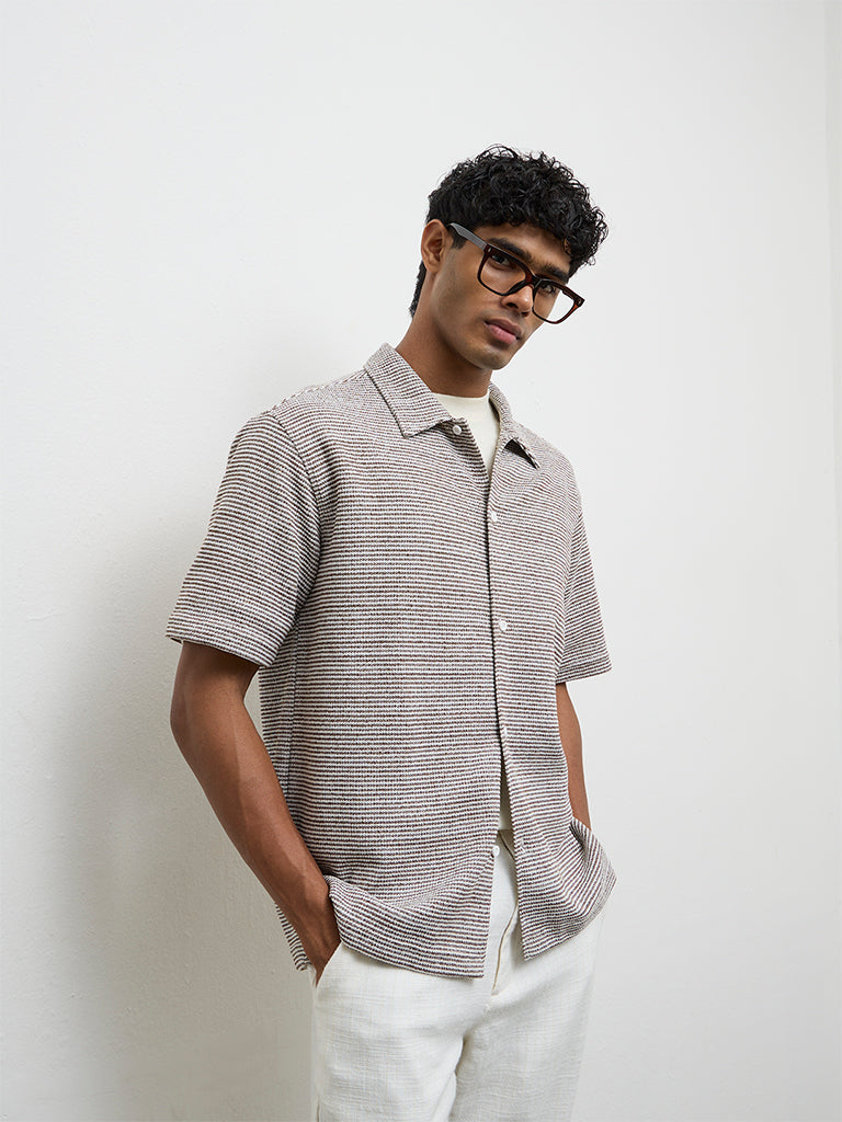 ETA Brown Stripe Embroidered Relaxed Fit Cotton-Blend Shirt