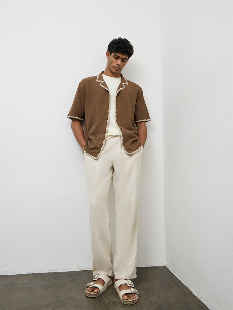 ETA Brown Embroidered Relaxed-Fit Cotton-Blend Shirt