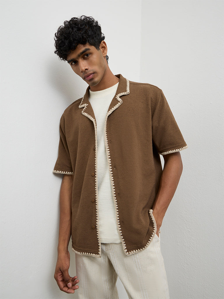 ETA Brown Embroidered Relaxed-Fit Cotton-Blend Shirt