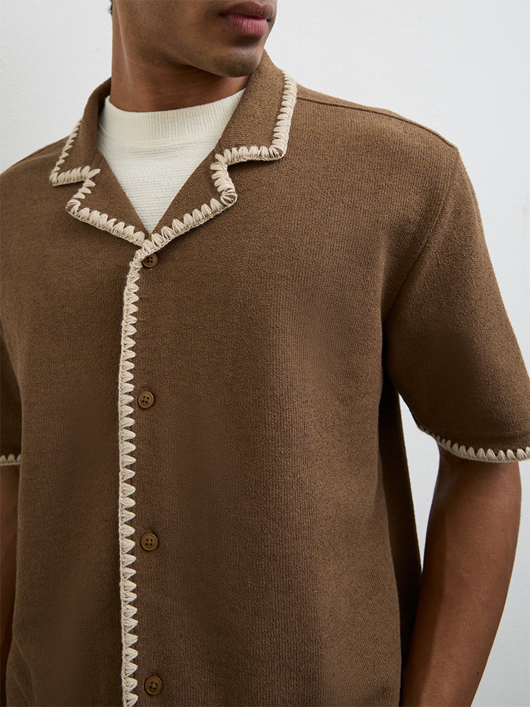 ETA Brown Embroidered Relaxed-Fit Cotton-Blend Shirt