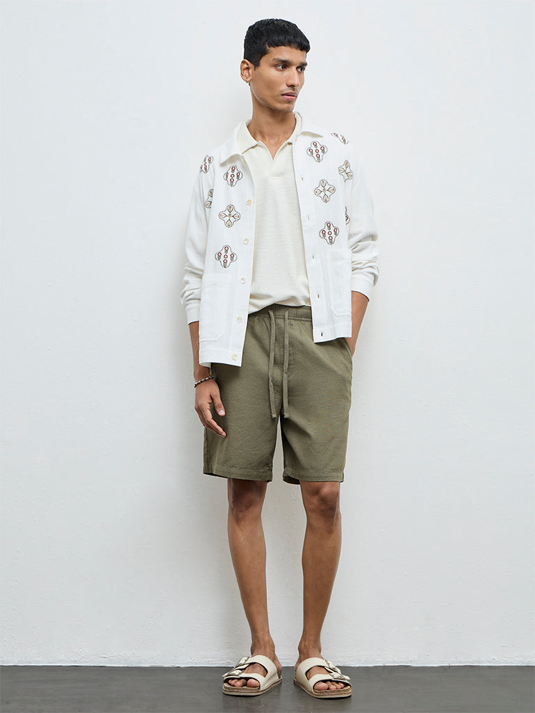 ETA White Botanical Embroidered Relaxed-Fit Cotton Shirt