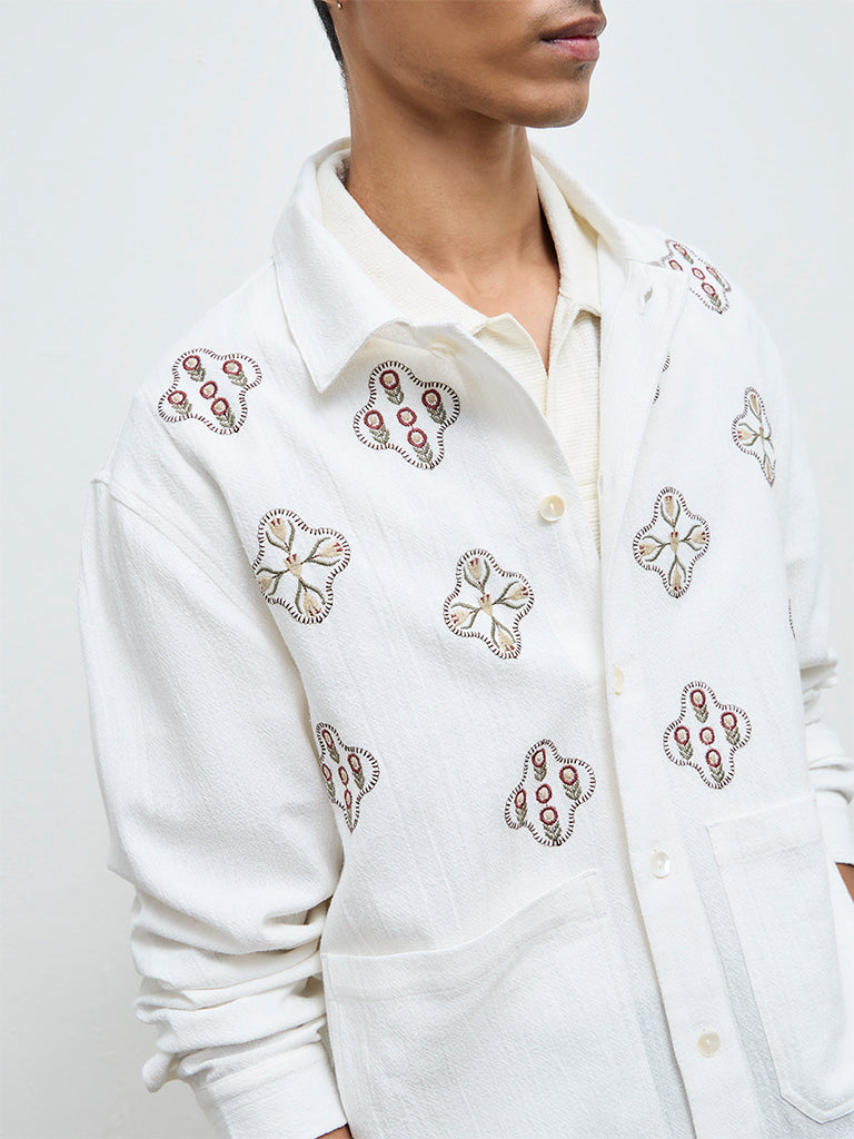 ETA White Botanical Embroidered Relaxed-Fit Cotton Shirt