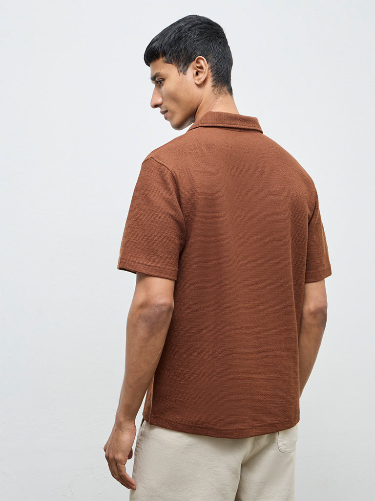 ETA Brown Self-Textured Relaxed-Fit Cotton-Blend Polo T-Shirt