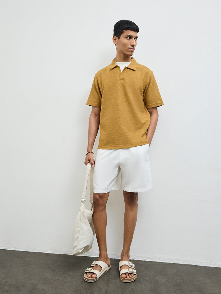 ETA Mustard Self-Textured Relaxed-Fit Cotton-Blend Polo T-Shirt