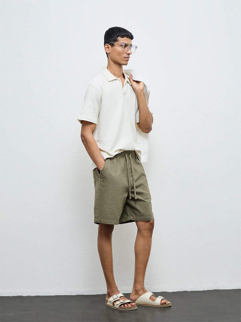 ETA White Self-Textured Relaxed-Fit Cotton-Blend Polo T-Shirt