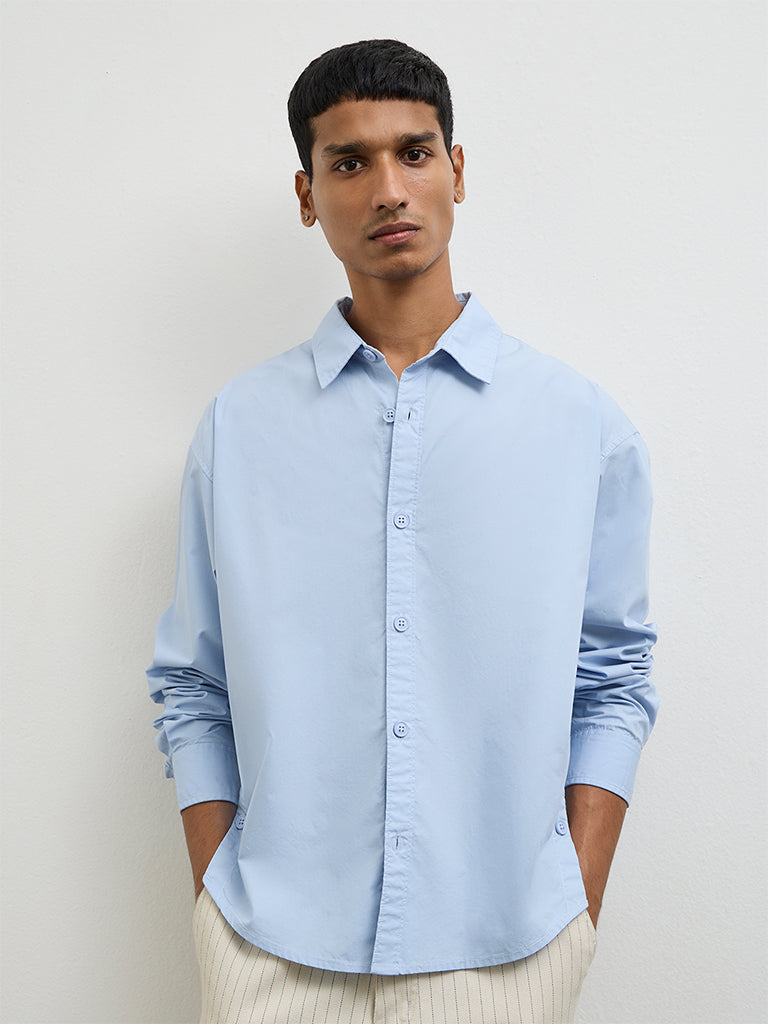 Nuon Blue Solid Boxy-Fit Cotton Shirt