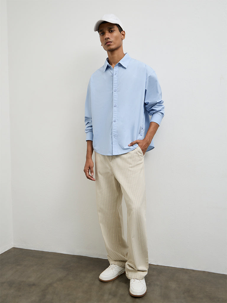 Nuon Blue Solid Boxy-Fit Cotton Shirt