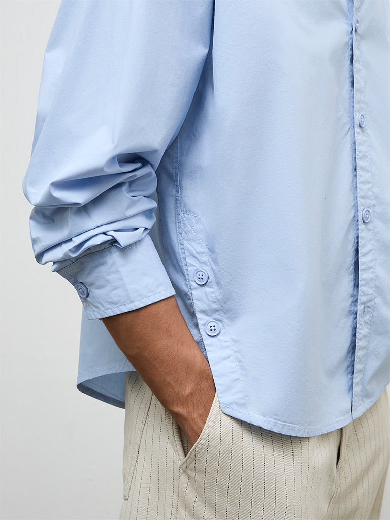 Nuon Blue Solid Boxy-Fit Cotton Shirt