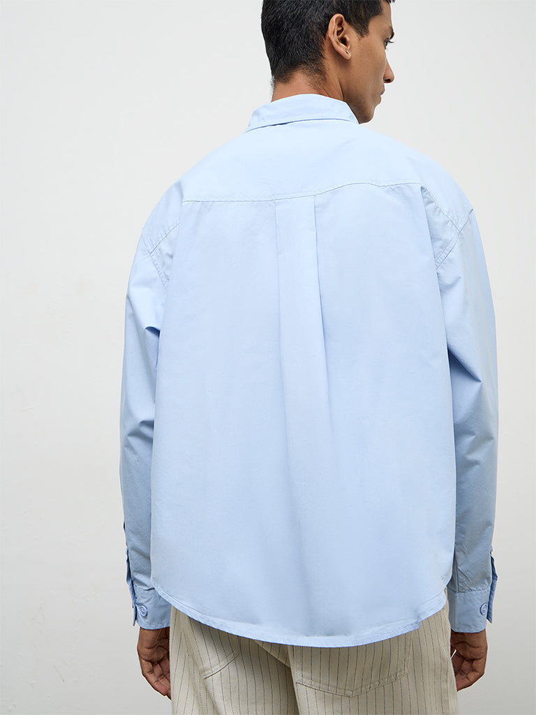 Nuon Blue Solid Boxy-Fit Cotton Shirt
