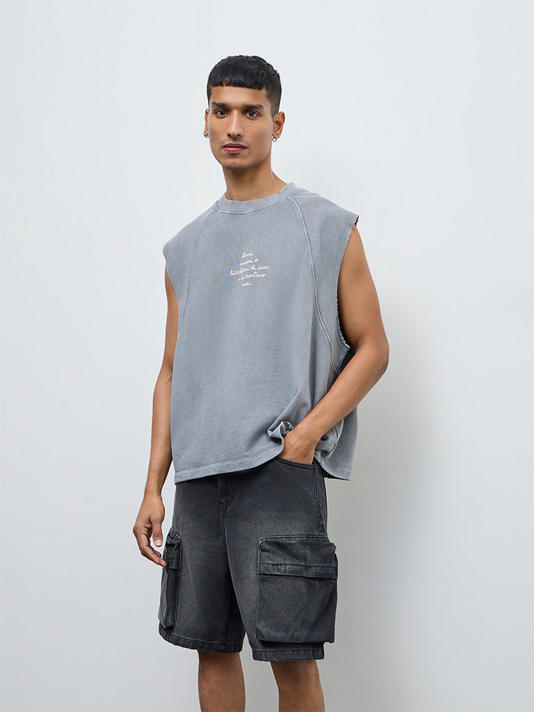 Nuon Grey Printed Relaxed Fit Cotton T-Shirt