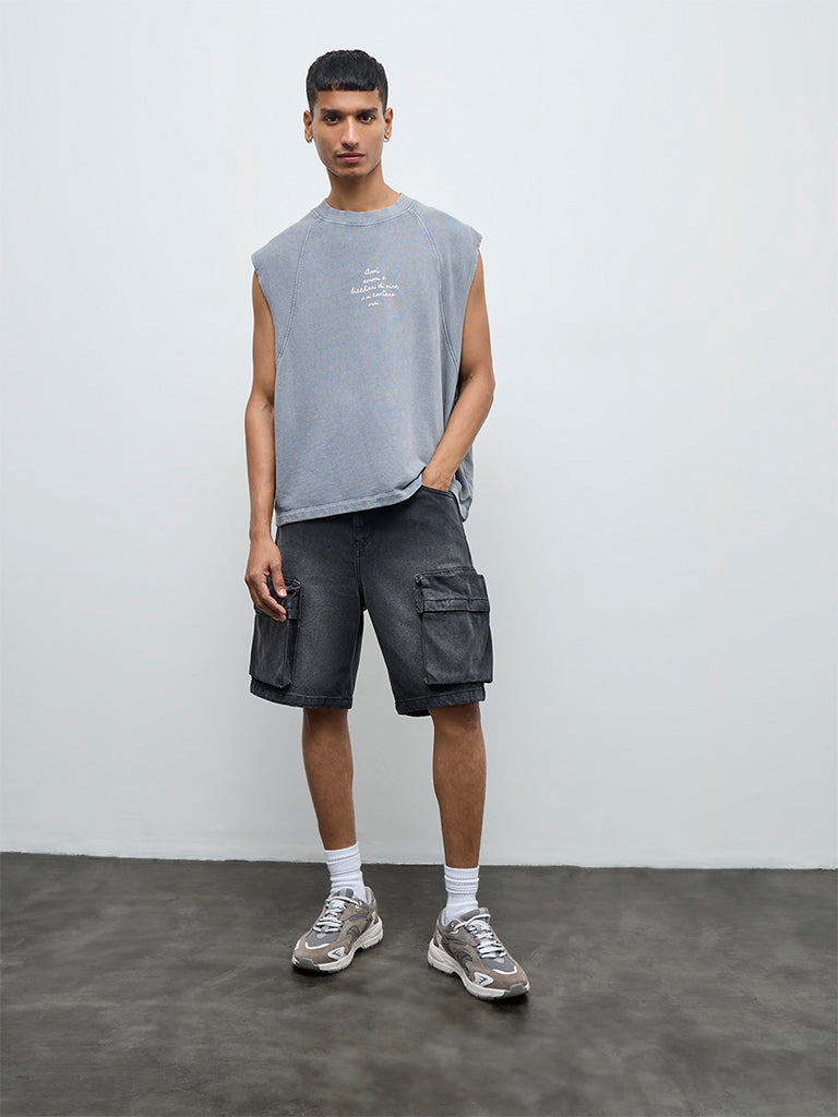 Nuon Grey Printed Relaxed Fit Cotton T-Shirt