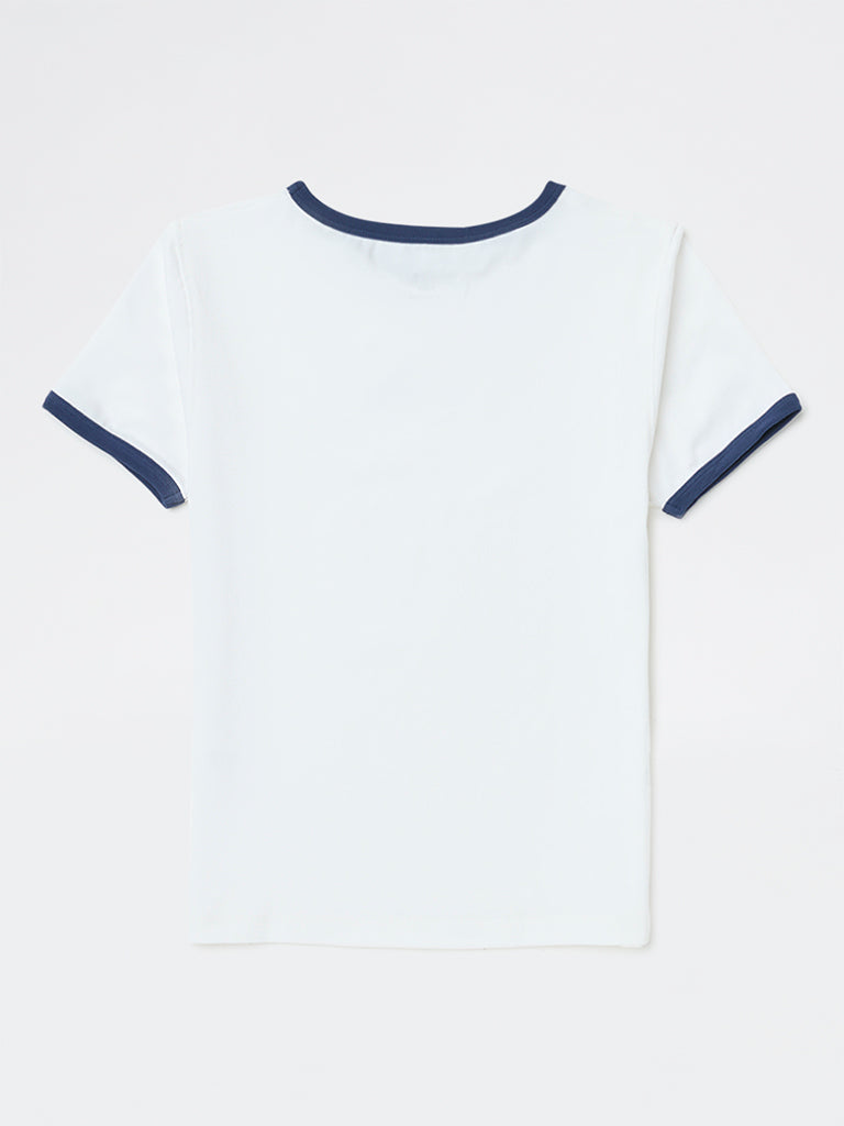 Girls White Printed Cotton-Blend T-Shirt