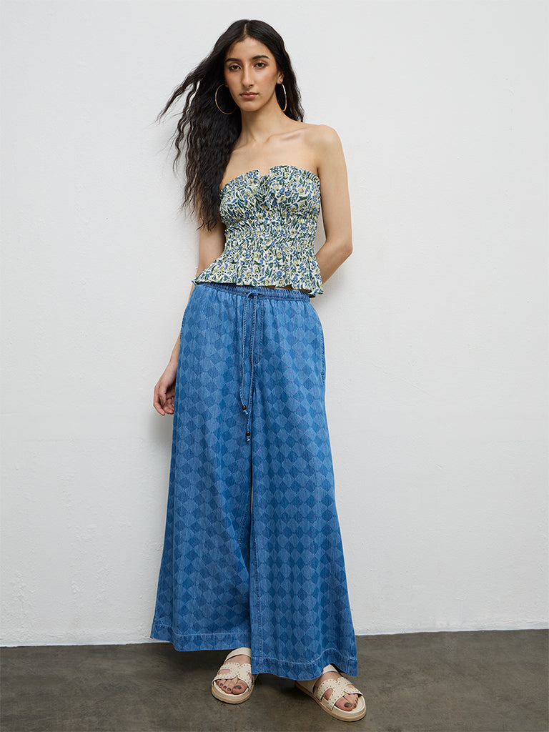 Bombay Paisley Blue Printed High-Rise Cotton-Blend Pants