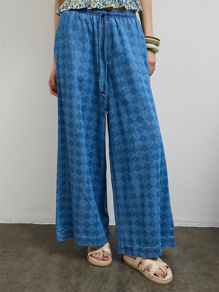 Bombay Paisley Blue Printed High-Rise Cotton-Blend Pants