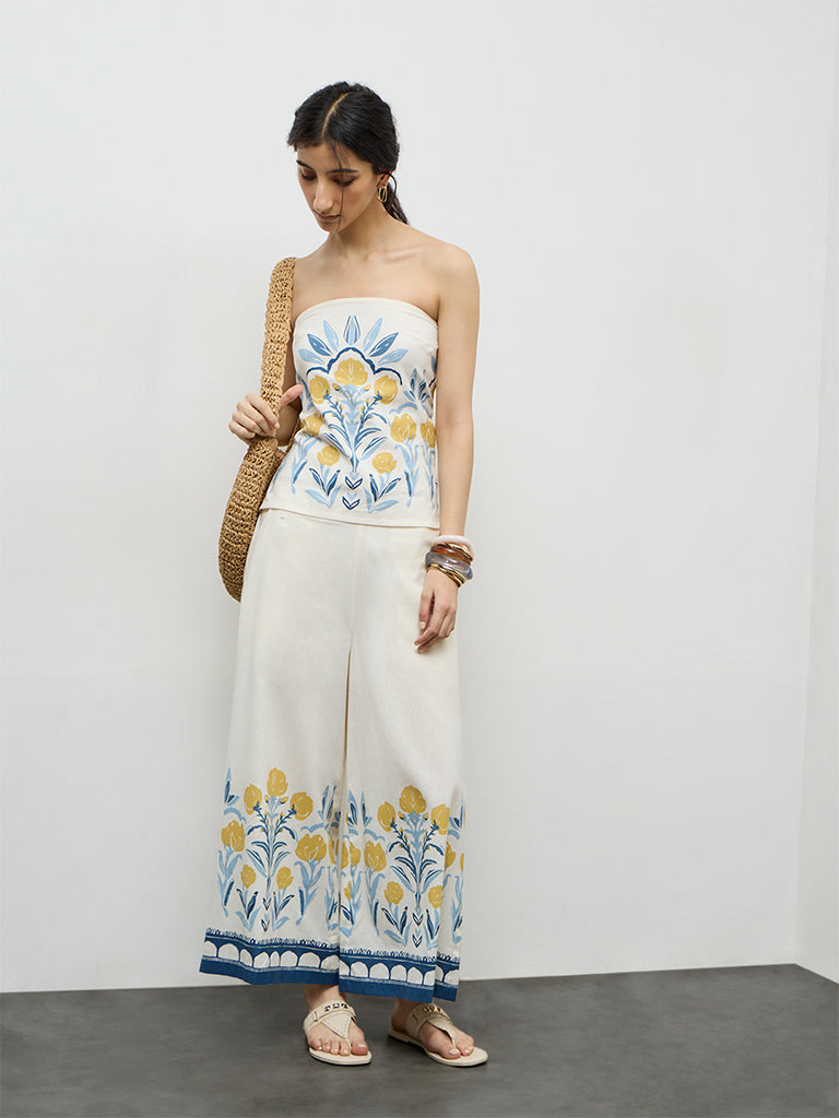 Bombay Paisley Off-White Floral Cotton-Blend Palazzos