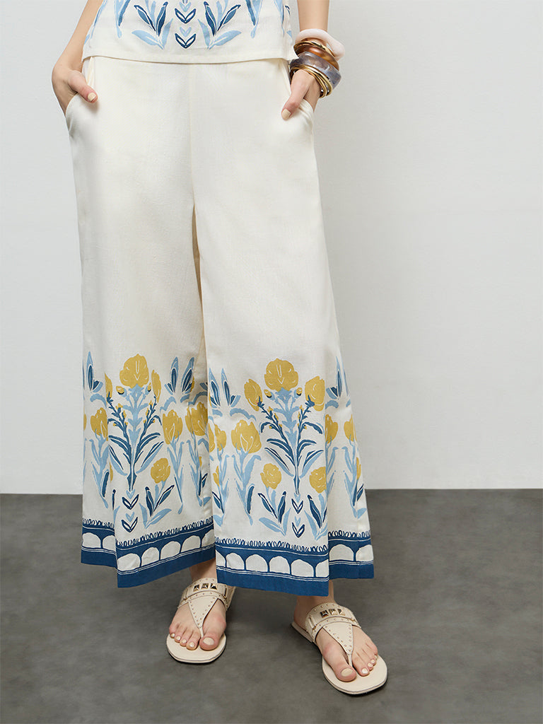 Bombay Paisley Off-White Floral Cotton-Blend Palazzos