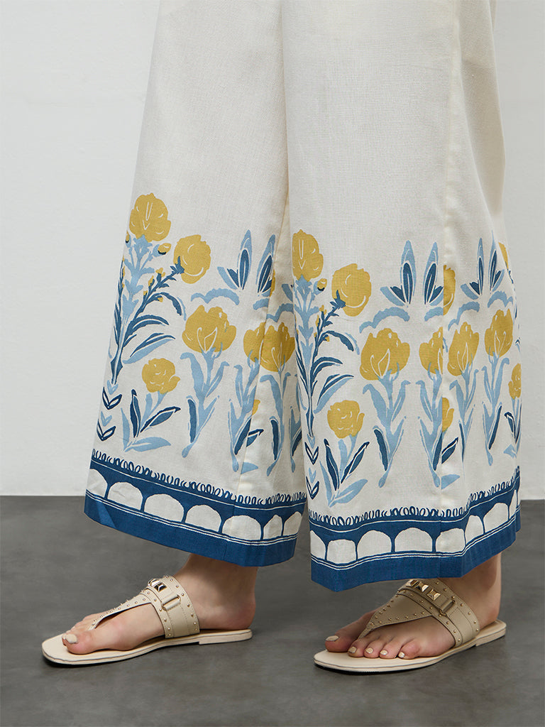 Bombay Paisley Off-White Floral Cotton-Blend Palazzos