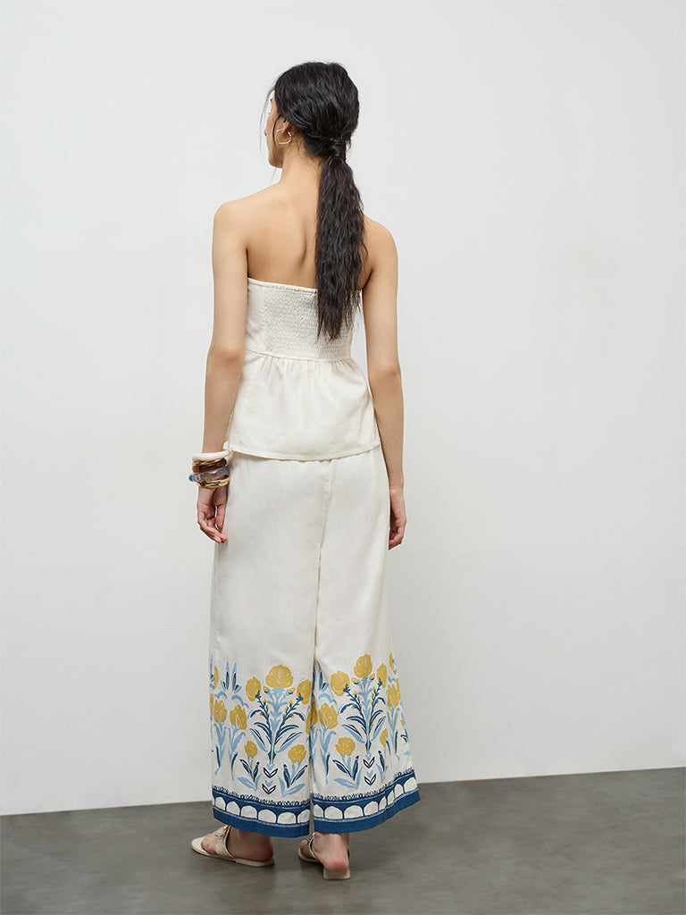 Bombay Paisley Off-White Floral Cotton-Blend Palazzos