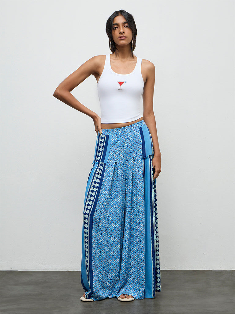 Bombay Paisley Blue Printed High-Rise Cotton-Blend Pants
