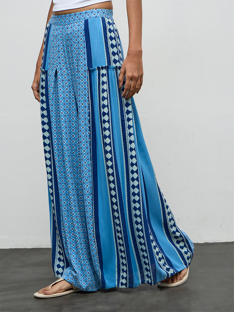 Bombay Paisley Blue Printed High-Rise Cotton-Blend Pants