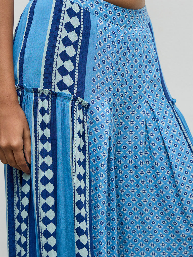 Bombay Paisley Blue Printed High-Rise Cotton-Blend Pants
